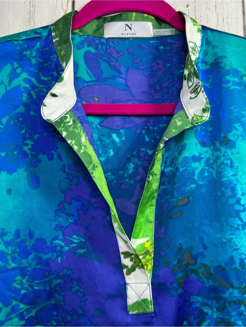 Natori Blue Green Abstract Swim Cover Up Size L Resort Beach Pool Dolman Sleeve